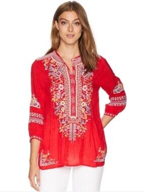 Johnny Was Bethanie Embroidered Floral Tunic Blouse Strawberry Red Size Large